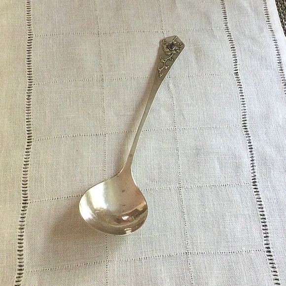 Hilde Vollers Floral Pattern w Bezel Set Garnet Silver Serving Spoon - Handmade - Picture 3 of 11